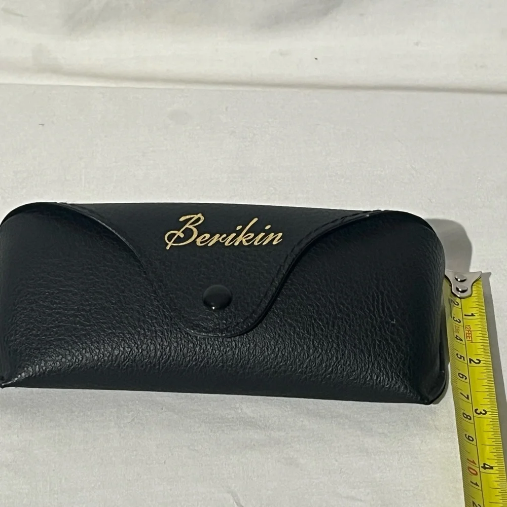 VTG Berikin Eyeglass Case Pebbled Leather Gold Script Signature Felt Interior